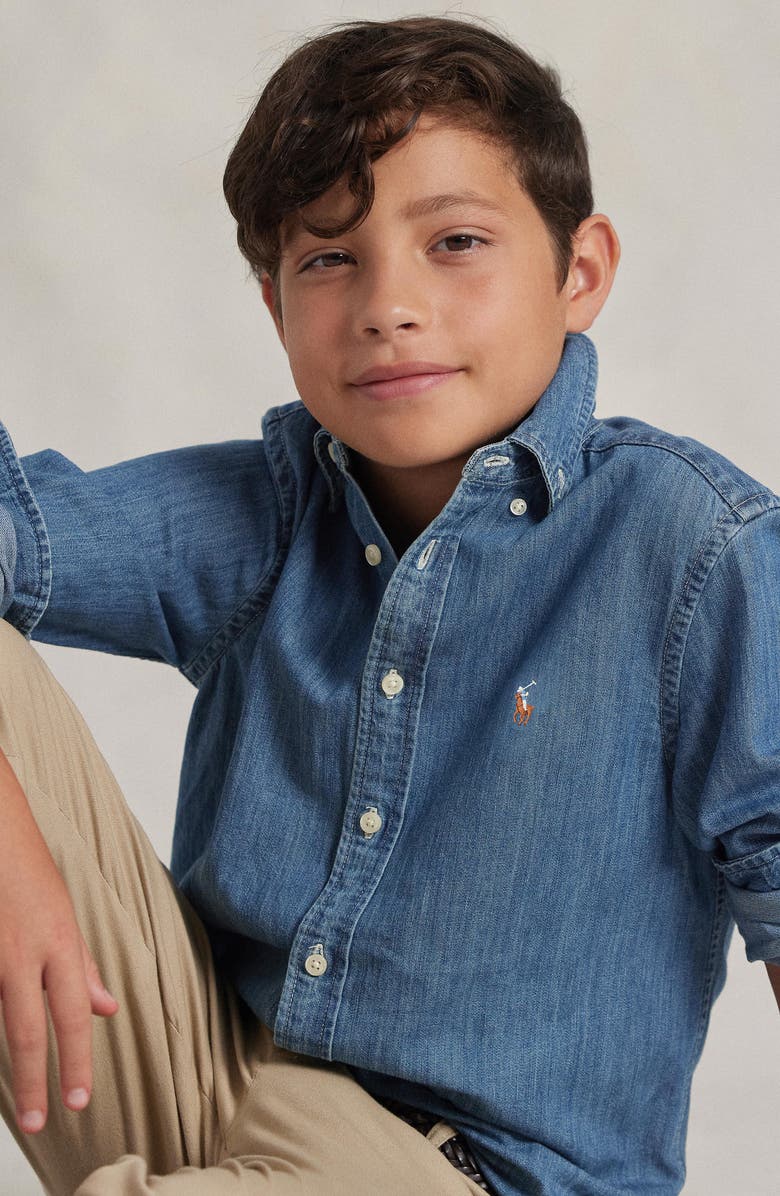 Polo Ralph Lauren Kids' Chambray Cotton Button-Down Shirt, Alternate, color, Dark Blue