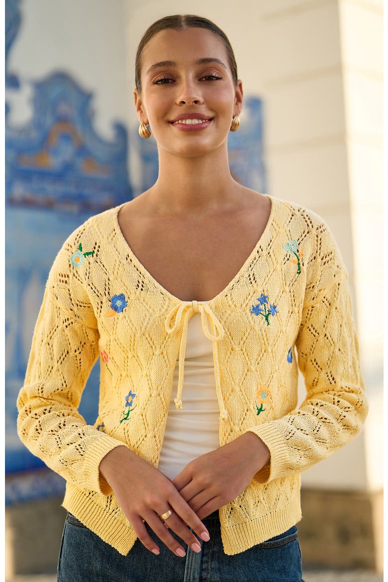 Embroidered Pointelle Cardigan, Alternate, color, Butter Yellow