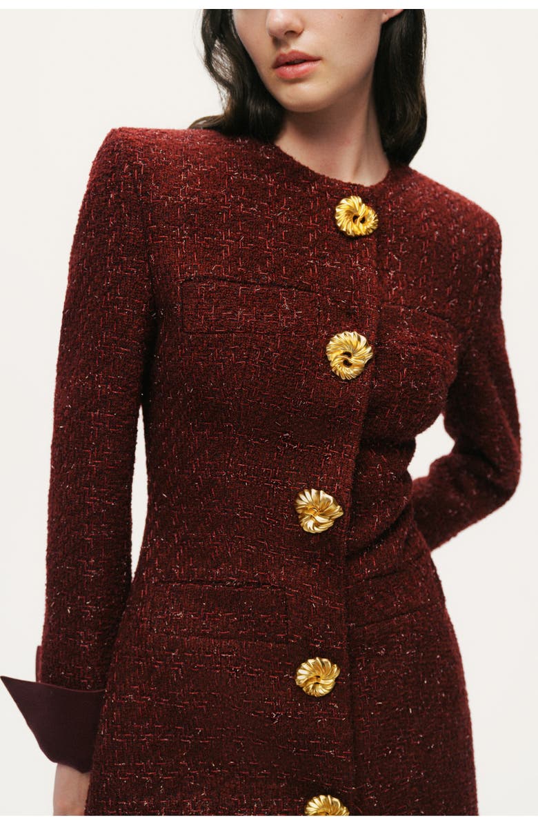 Nocturne Gold-Button Bouclé Mini Dress, Alternate, color, Burgundy