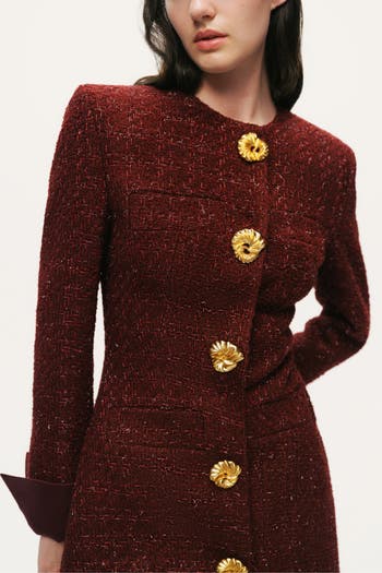 Gold-Button Bouclé Mini Dress