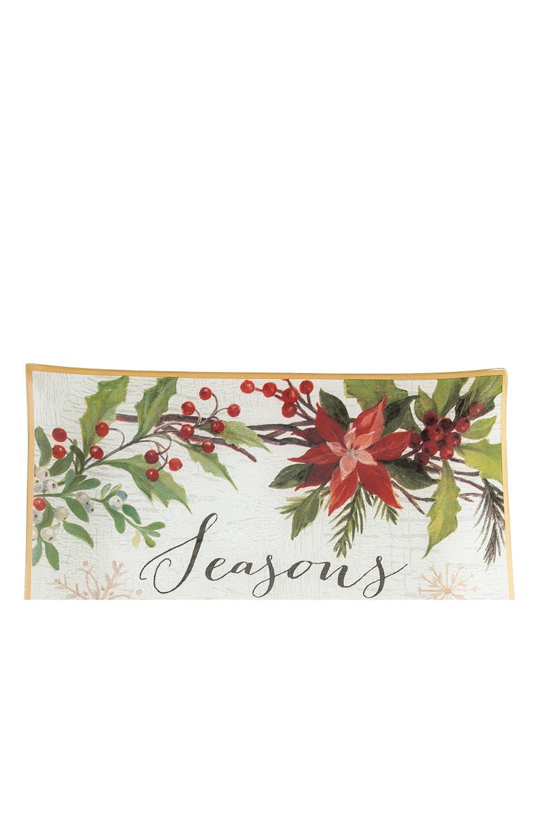 Poinsettia Seasons Greetings Slump Glass Decorative Platter, Alternate, color, Red
