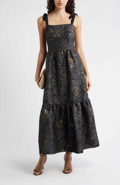 Chelsea28 Tiered Floral Brocade Tie Strap Maxi Dress