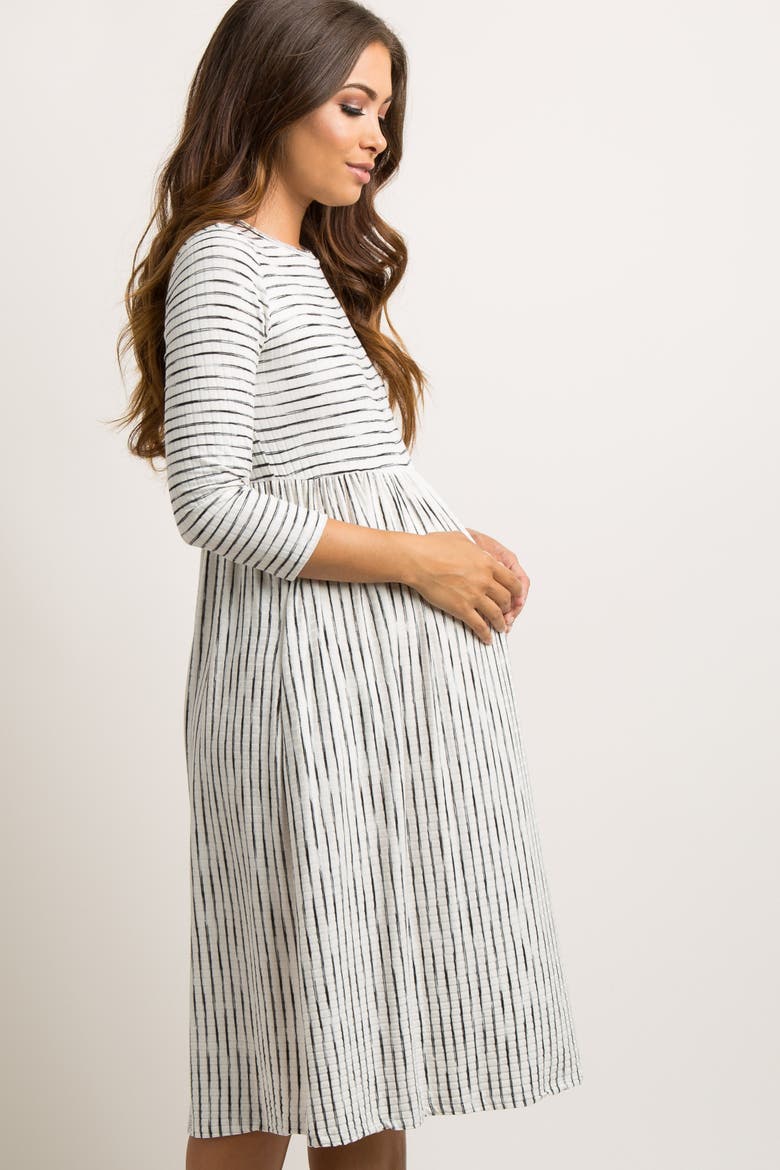 Ribbed Striped Pleated Midi Dress, Alternate, color, Ivory