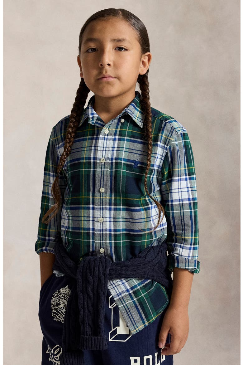 Kids' Plaid Cotton Oxford Button-Down Shirt, Alternate, color, WHITE GREEN MULTI