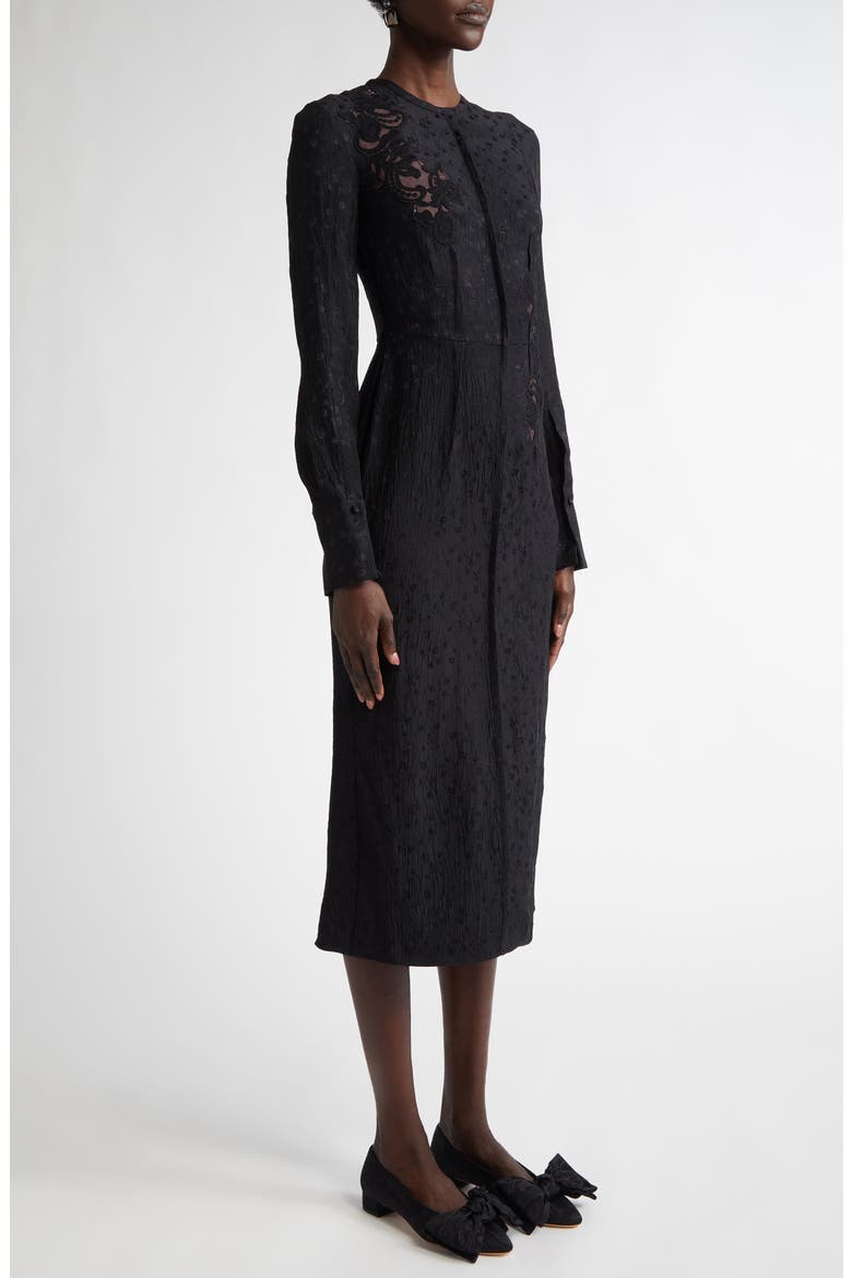 Long Sleeve Guipure Lace & Satin Midi Dress, Alternate, color, BLACK