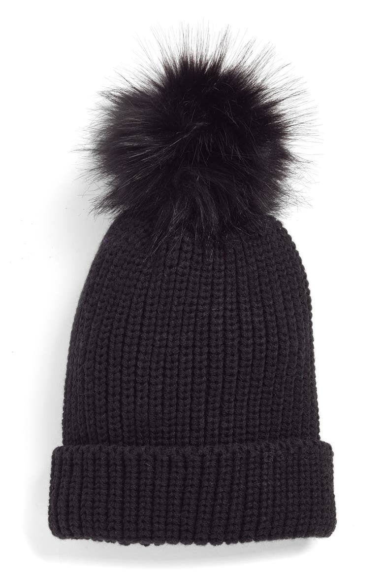 Chunky Stitch Beanie with Faux Fur Pom, Main, color, BLACK