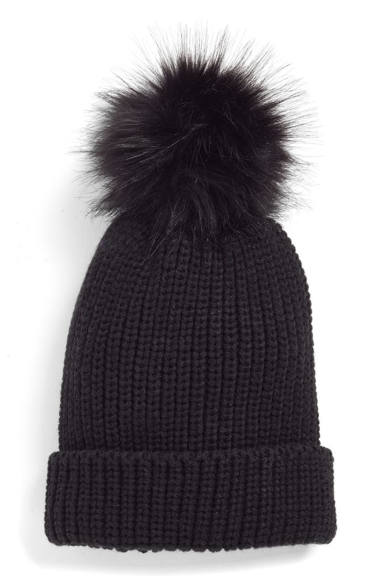Treasure & Bond Chunky Stitch Beanie with Faux Fur Pom, Main, color,