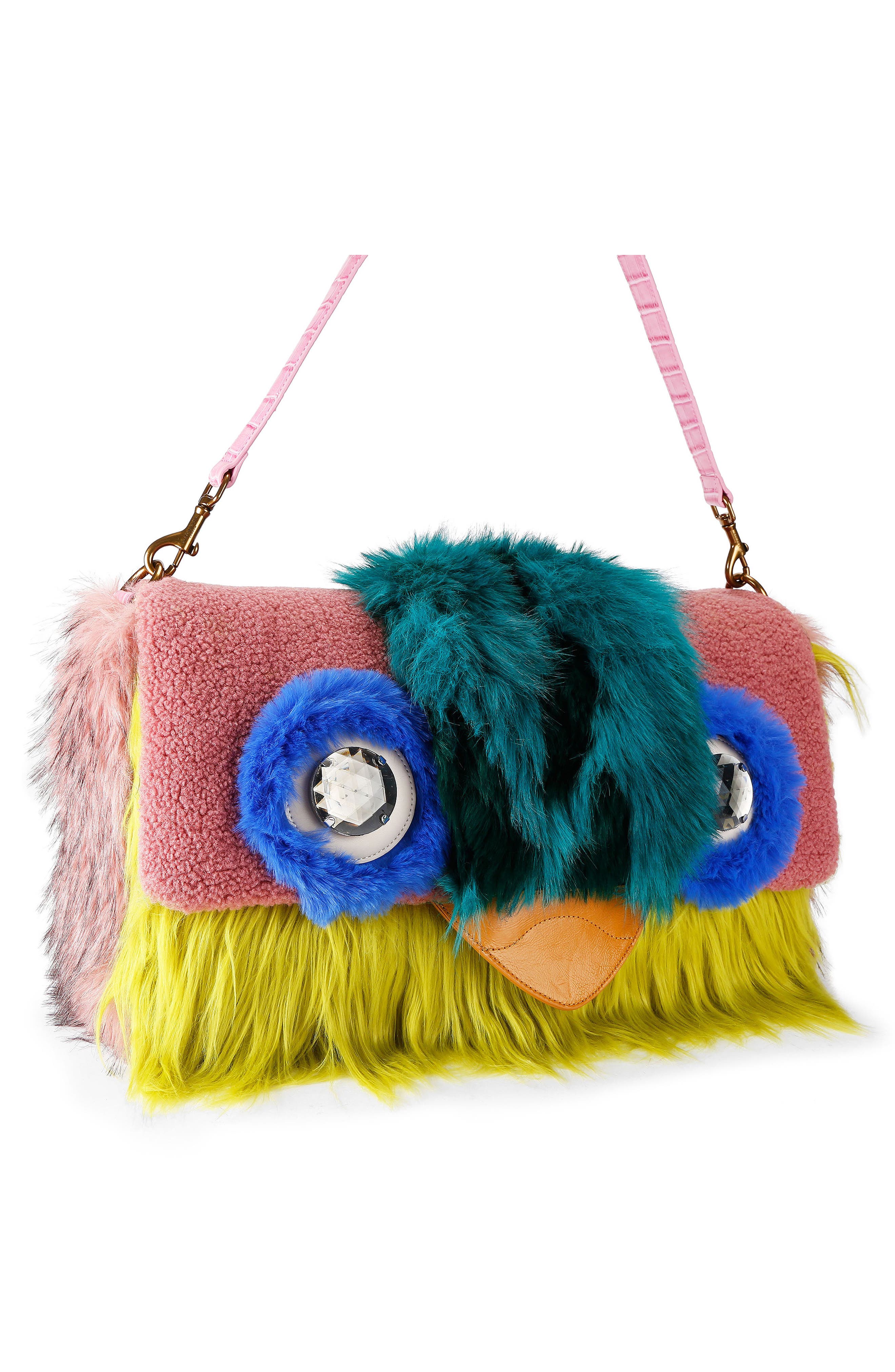 Macro Oxford Mascot Faux Fur and Leather Shoulder Bag, Alternate, color, PINK COMB