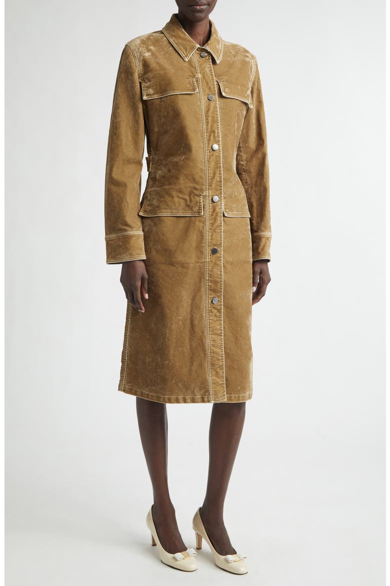 Distressed Long Sleeve Stretch Velveteen Trench Shirtdress, Main, color, SAFARI