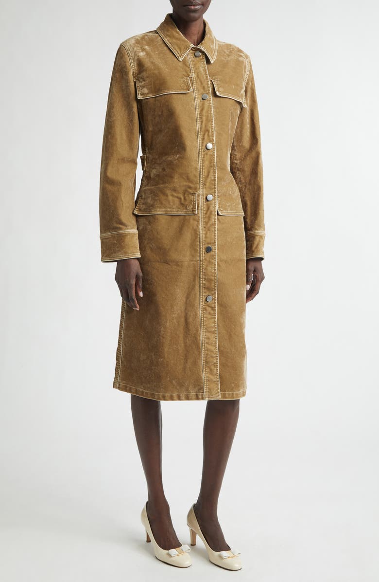FERRAGAMO Distressed Long Sleeve Stretch Velveteen Trench Shirtdress, Main, color, Safari