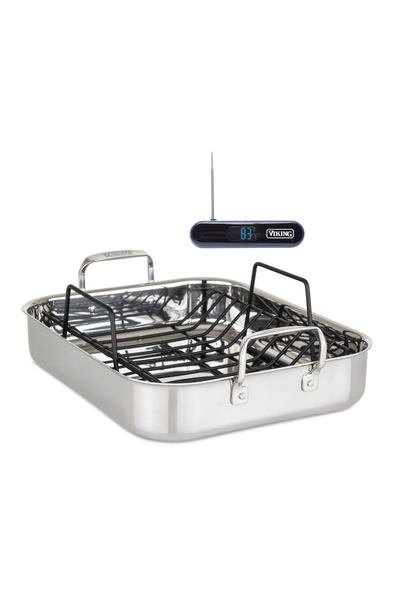 Stainless Steel Roasting Pan & Thermometer, Main, color, NO COLOR