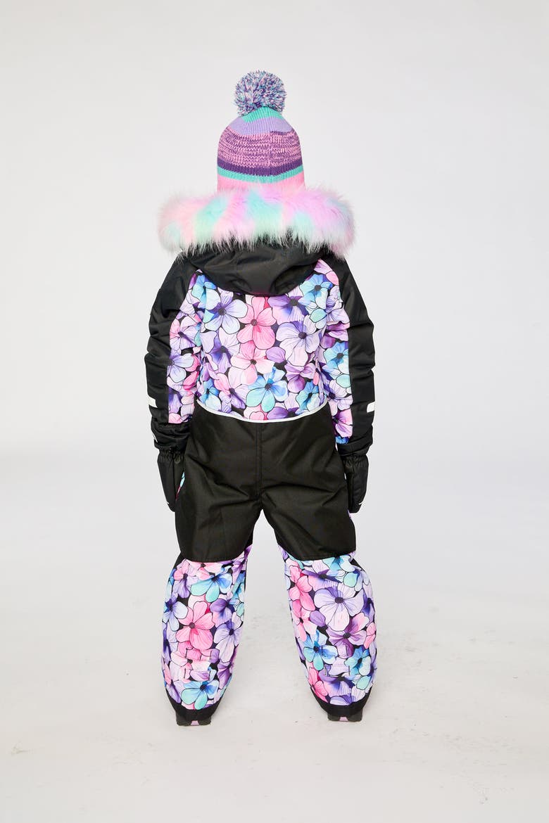 Play Floral Faux Fur Hood & Expandable Sleeve One Piece Snowsuit, Alternate, color, Purple Floral Print