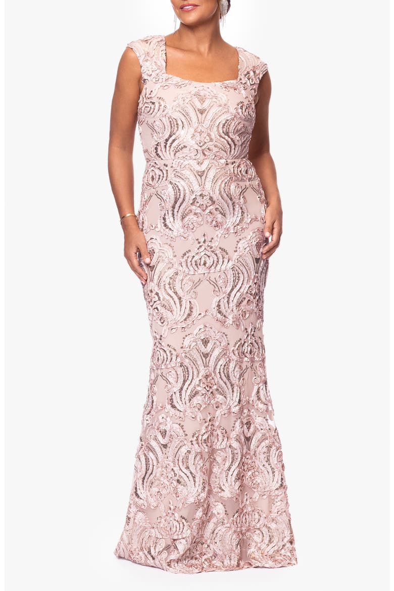 Sequin Floral Appliqué Sheath Gown, Main, color, SAND
