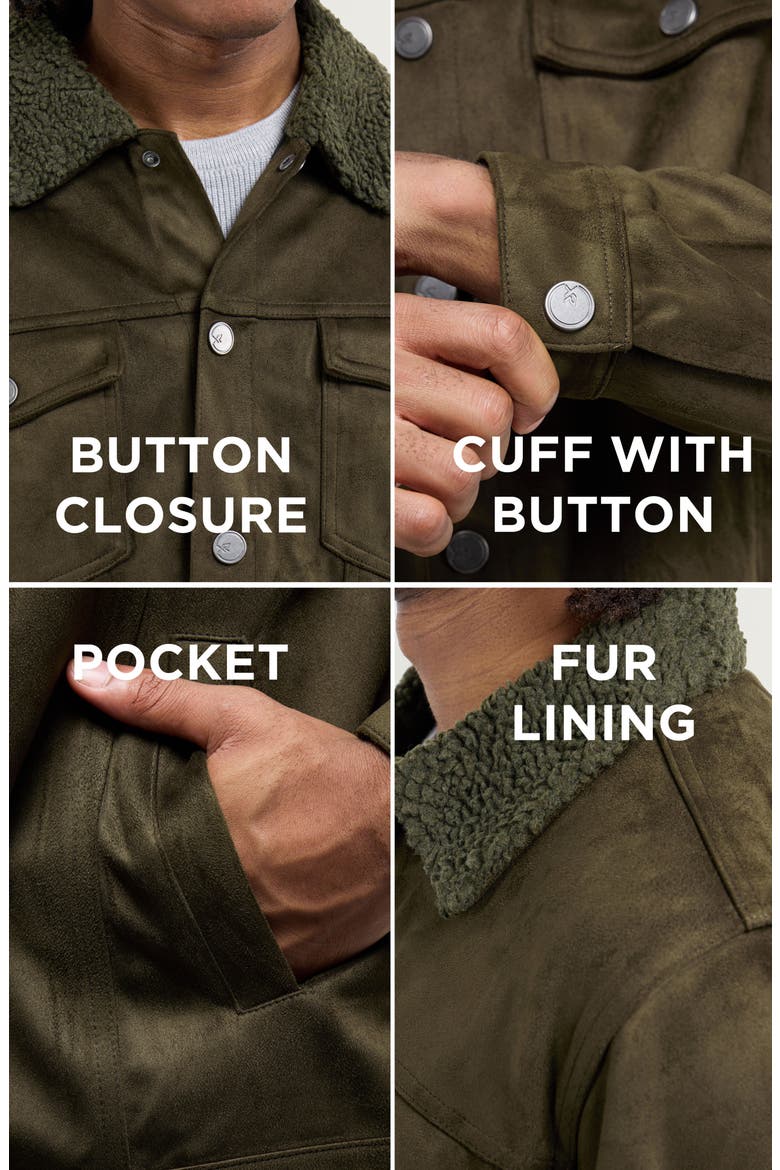 Faux Fur Collar Faux Suede Jacket, Alternate, color, OLIVE