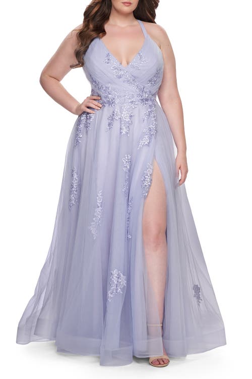 La Femme Plus Size A-line Tulle Dress With Floral Detailing
