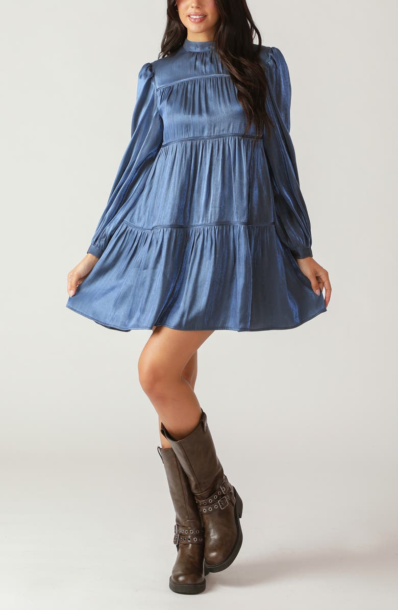 FLYING TOMATO Long Sleeve Tiered Satin Minidress, Alternate, color, Blue