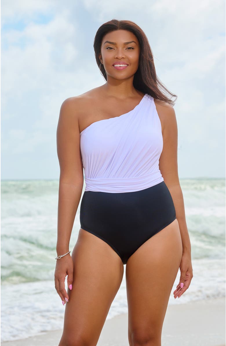 Trimshaper Heather One Shoulder One-Piece Control Swimsuit, Alternate, color, Black And White