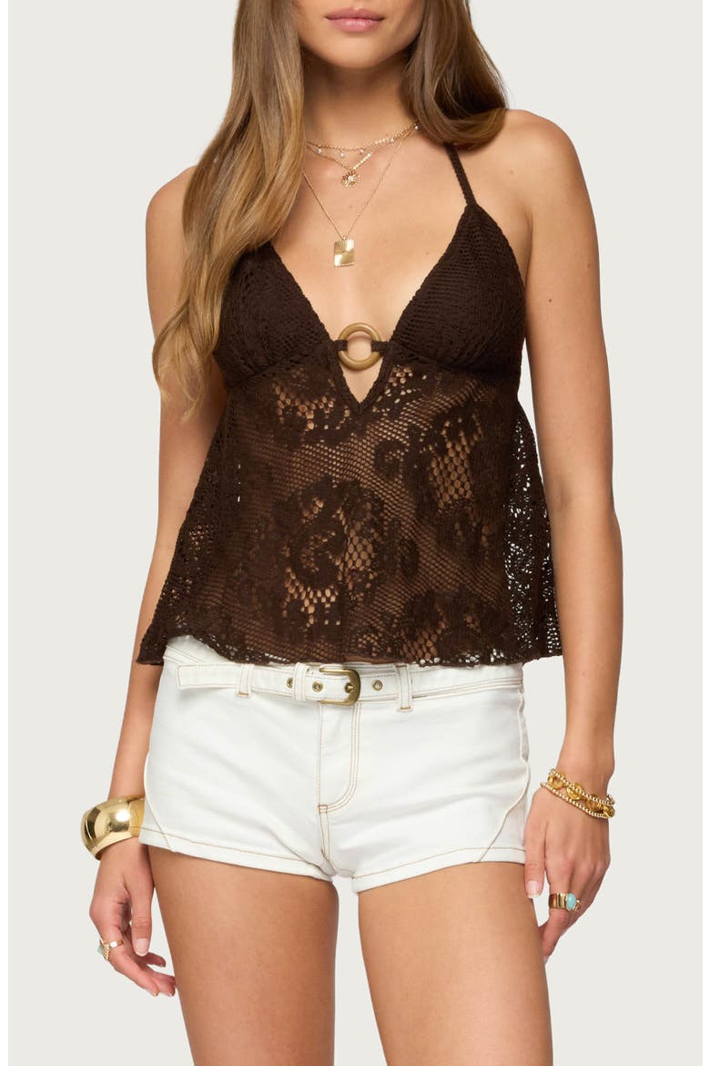Open Knit Babydoll Halter Top, Main, color, BROWN