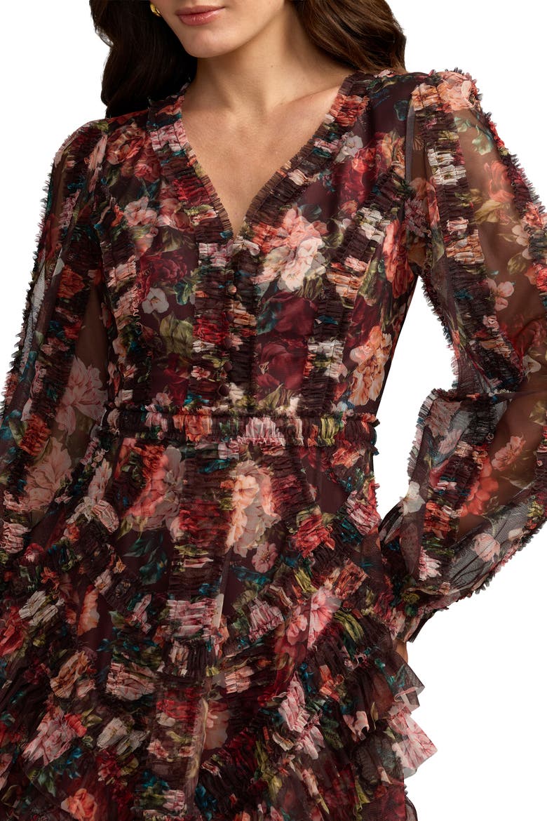 Multicolor Floral Long Sleeve Mirco Ruffle Midi Dress, Alternate, color, Chocolate Multi