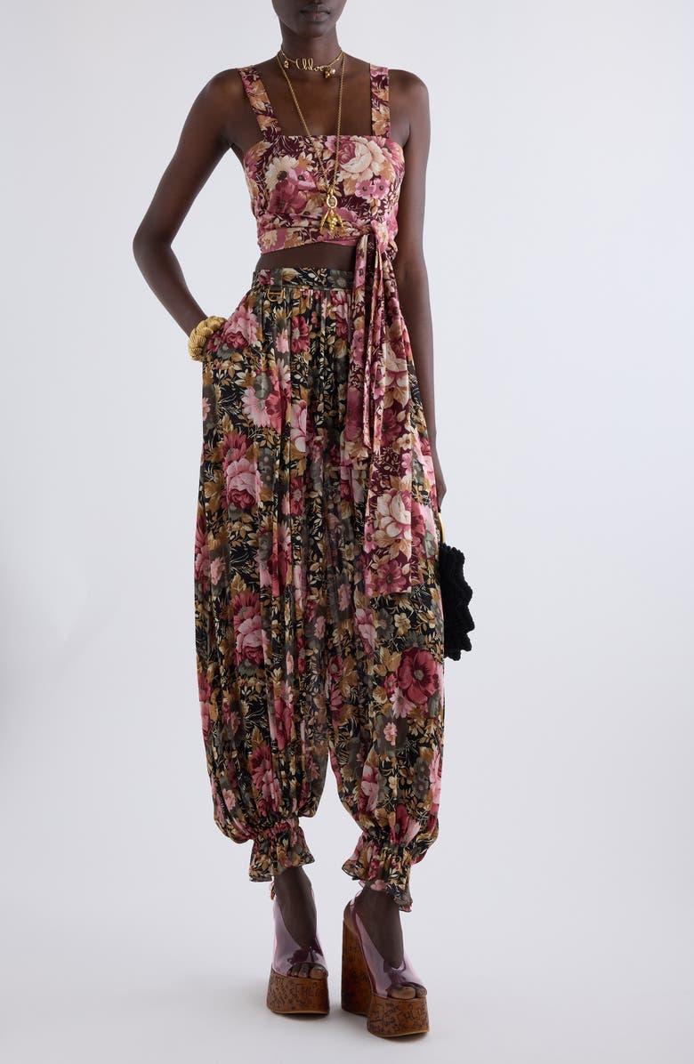 Chloé Floral Print Tie Front Silk Twill Crop Top, Alternate, color, Maroon Pink