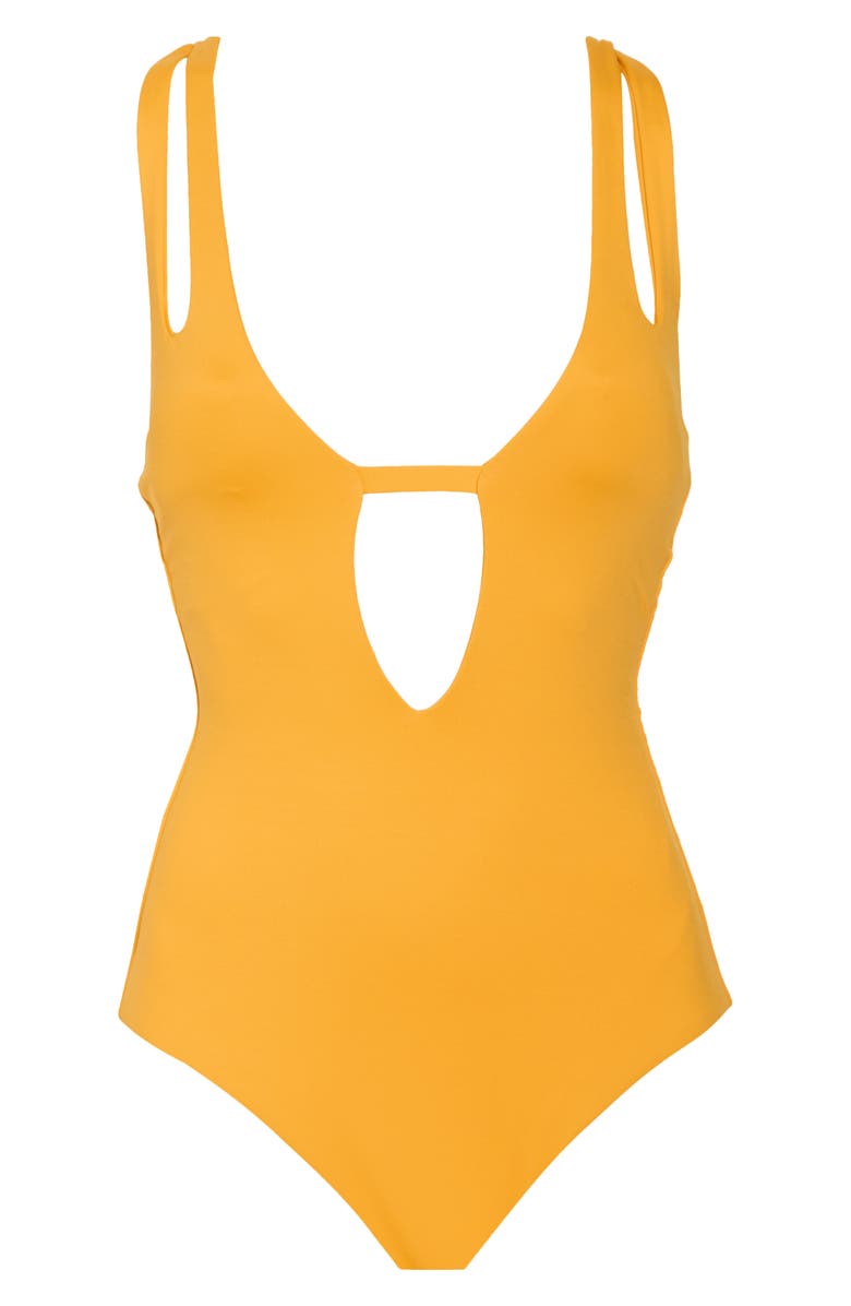 Becca Deep V-Neck Teardrop One-Piece Swimsuit, Alternate, color, Gold