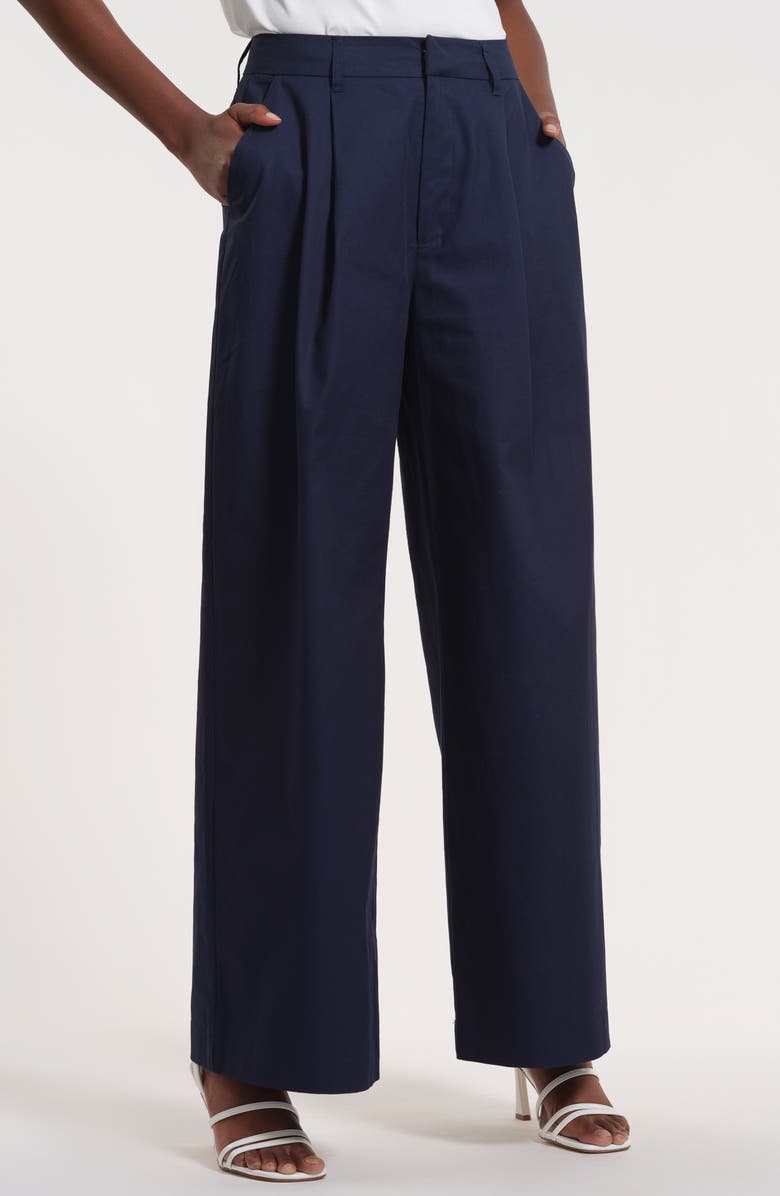 Isaac Mizrahi New York Pleated High Waist Cotton Wide Leg Pants, Main, color, Navy