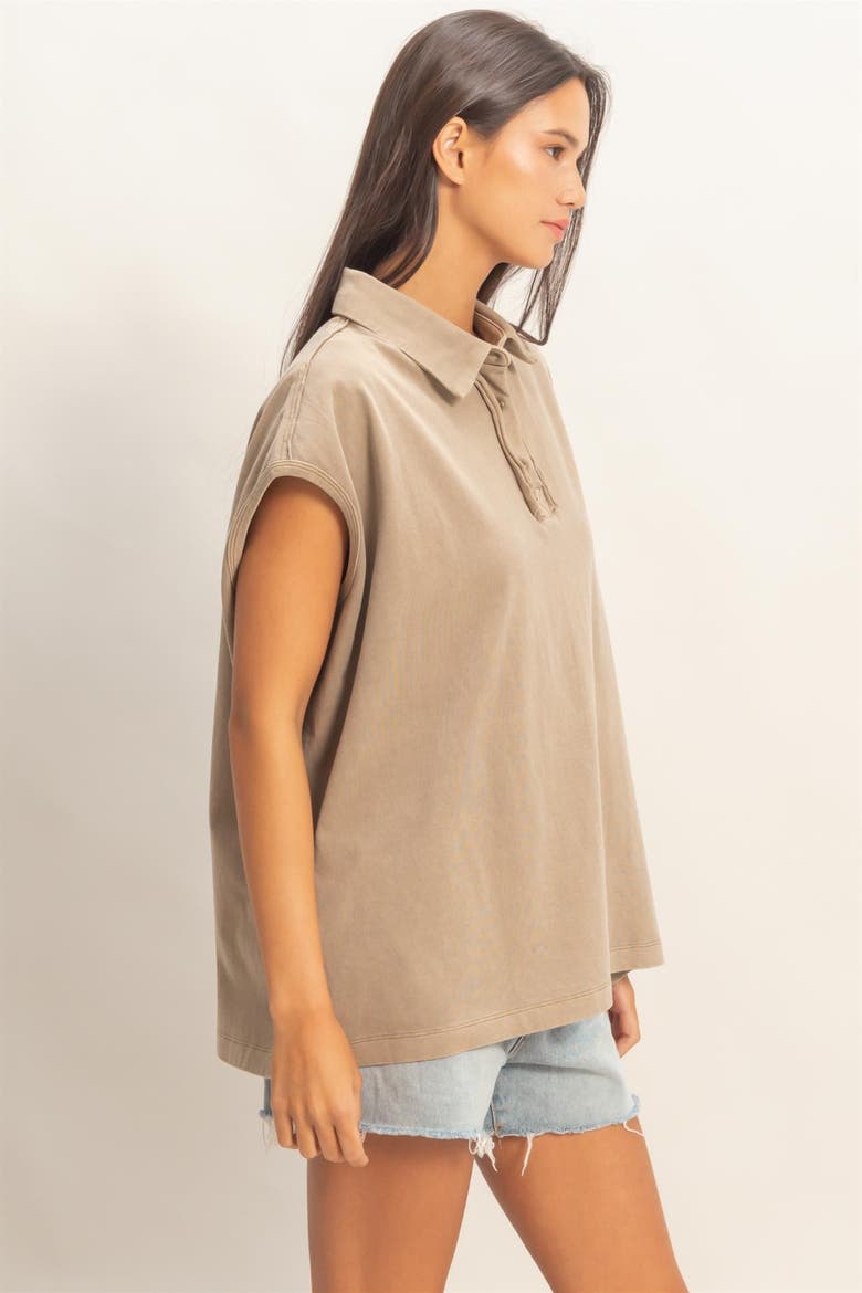 Pigment Dye Sleeveless Polo Oversized Top, Alternate, color, Mocha