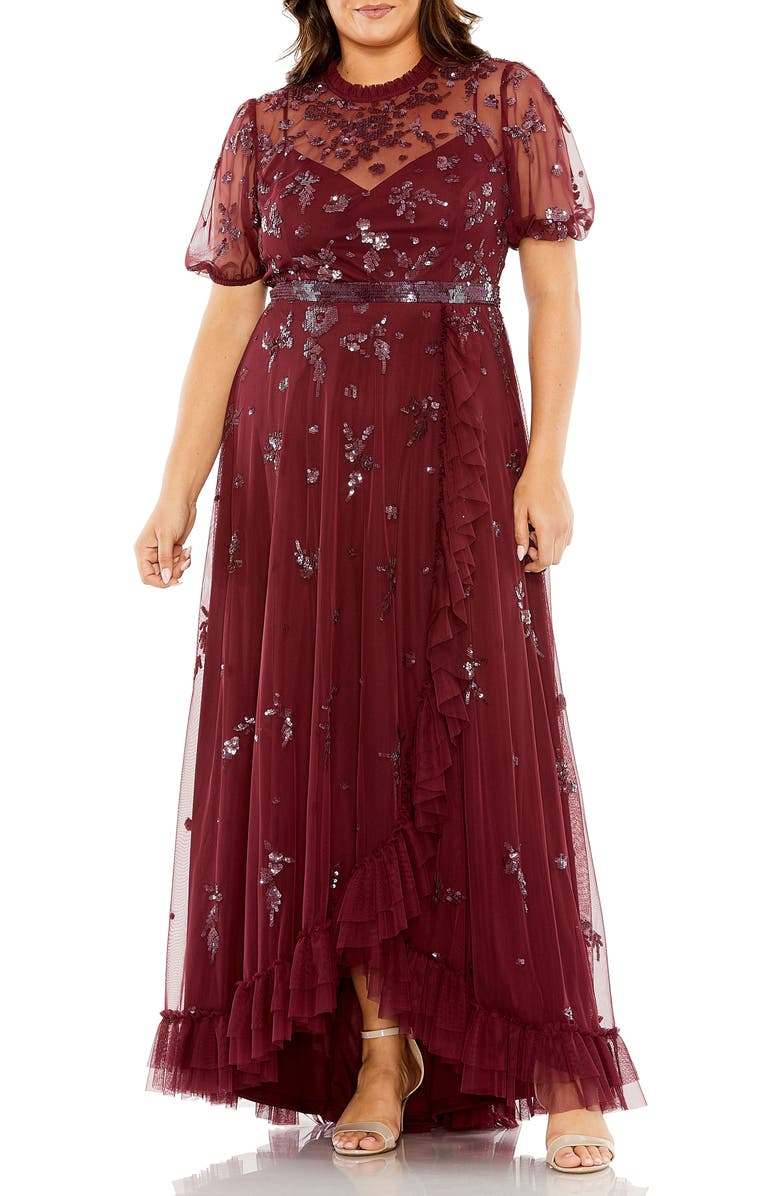 Mac Duggal High Neck Puff Short Sleeve Embellished Faux Wrap, Main, color, Bordeaux