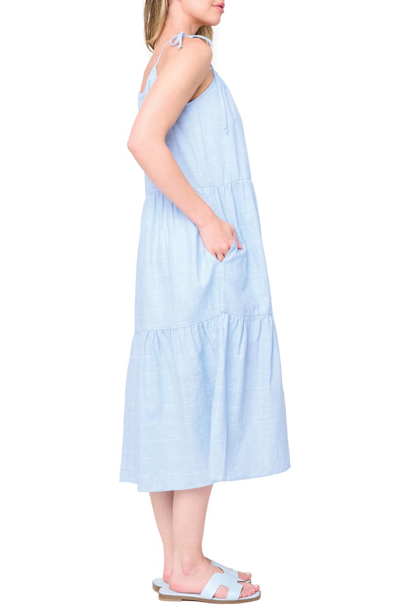 GIBSONLOOK Tie Shoulder Tiered Midi Dress, Alternate, color, Sky Plaid