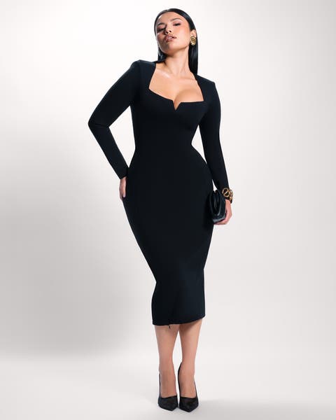 Mega Sculpting Notch Neck Long Sleeve Midi Dress