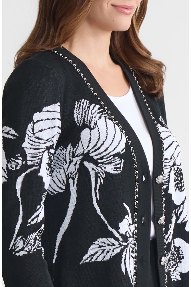Heritage Chain Trim Floral Jacquard Knit Cardigan, Alternate, color, Black/White