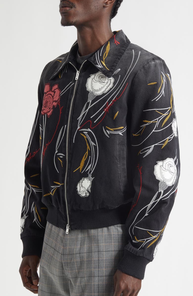 AMIRI Floral Embroidered Denim Blouson Jacket, Alternate, color, Dusk Black