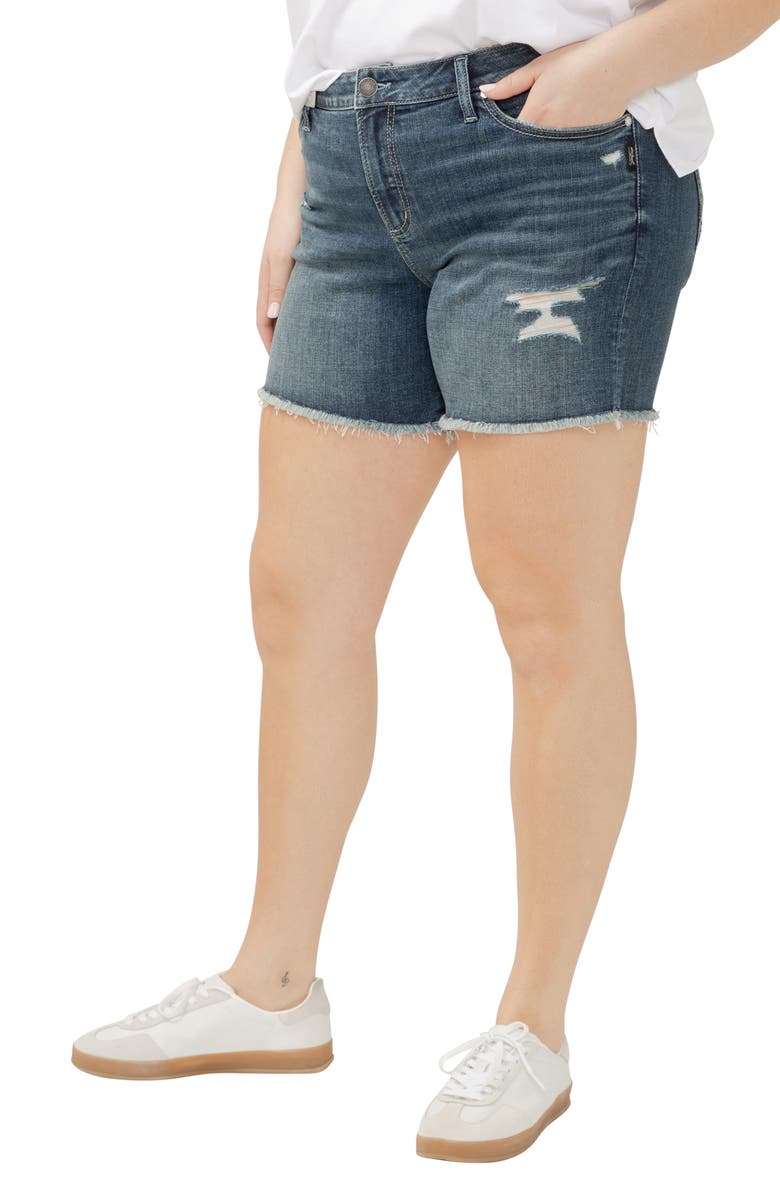Silver Jeans Co. Suki Curvy Frayed Mid Rise Denim Shorts, Alternate, color, Indigo