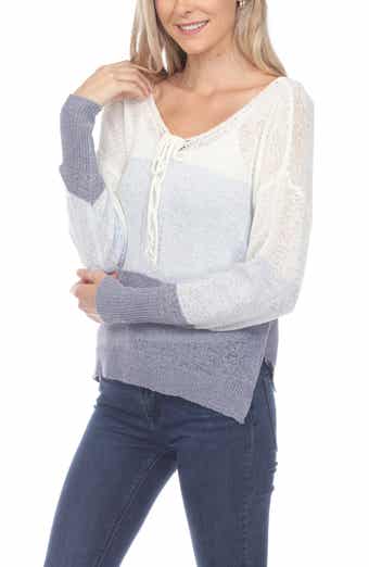 RAIN AND ROSE Stripe V-Neck Long Sleeve Openwork Knit Top