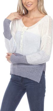 RAIN AND ROSE Stripe V-Neck Long Sleeve Openwork Knit Top