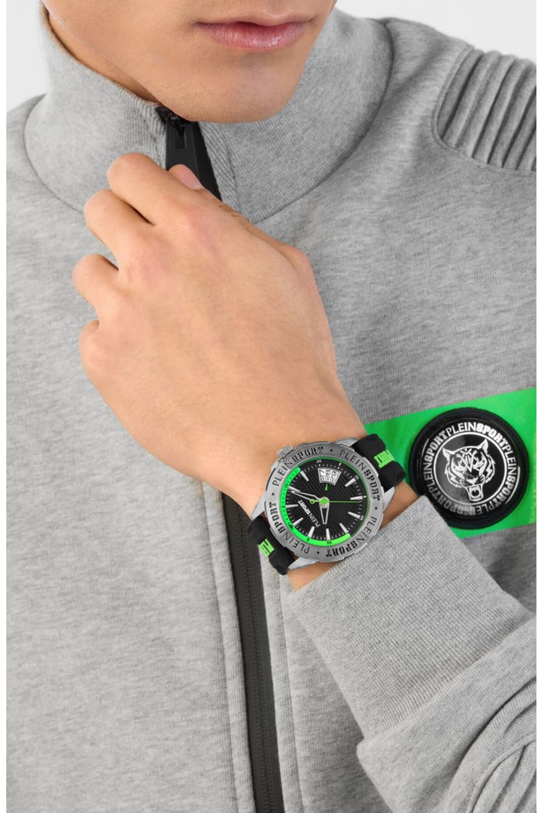 Rampage Silicone Strap Watch, 44mm, Alternate, color, BLACK/ GREEN/ STEEL