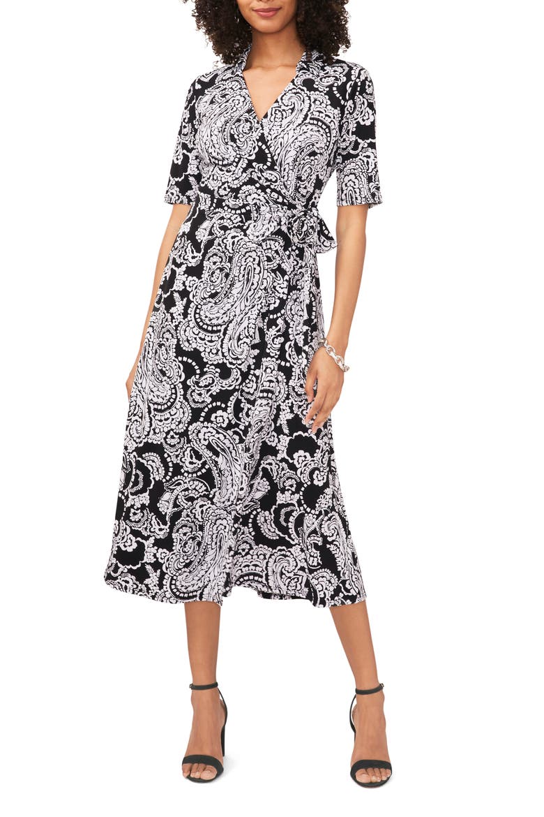 Print Faux Wrap Midi Dress, Main, color, BLACK/WHITE 010