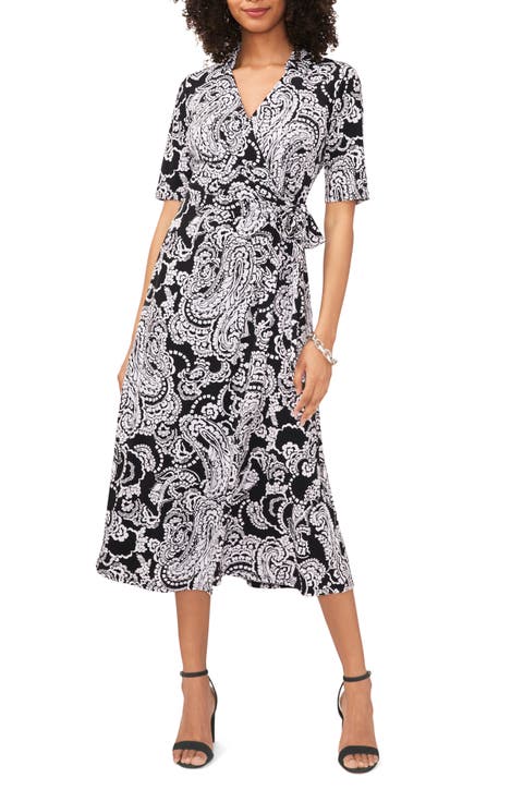 Print Faux Wrap Midi Dress