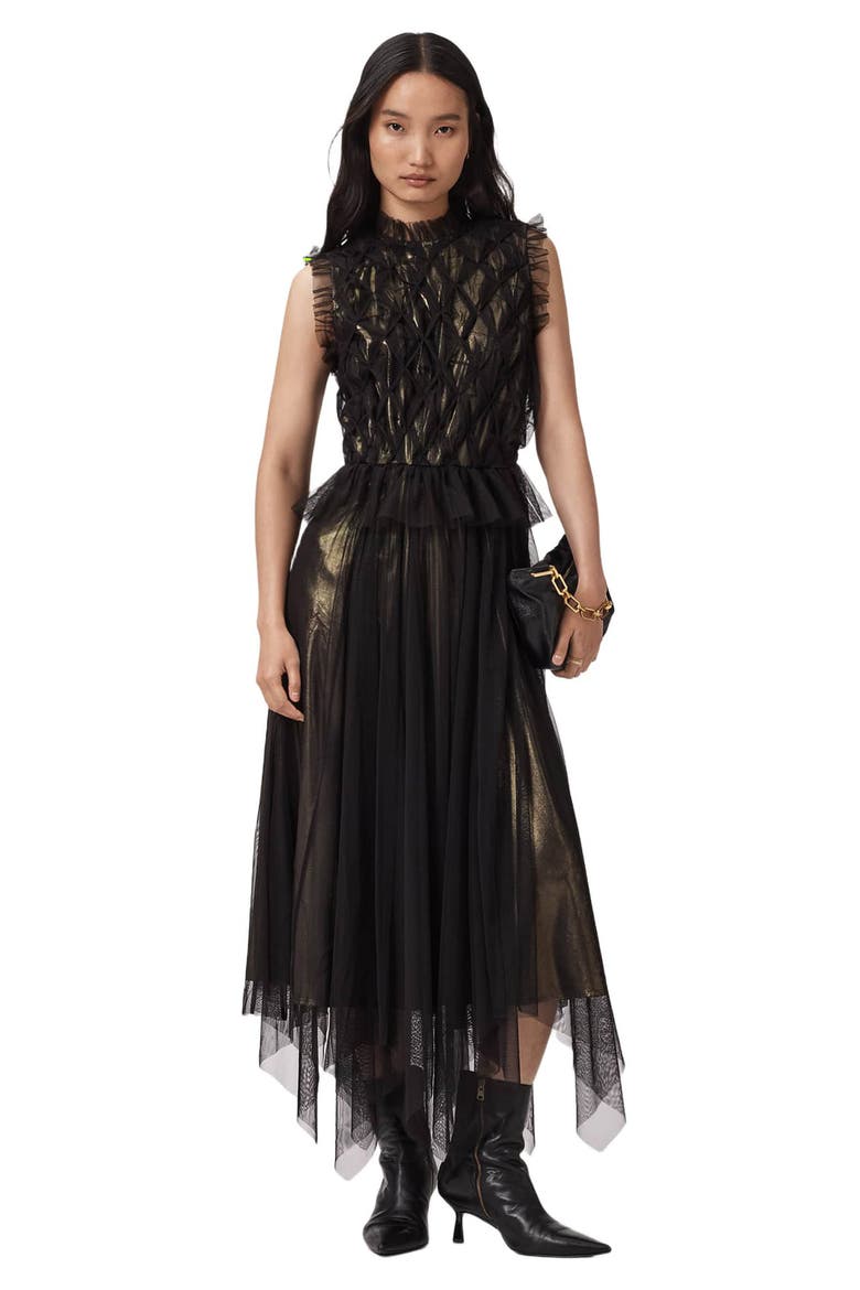 Lola Metallic Tulle Asymmetric Midi Dress, Alternate, color, BLACK/ METALLIC GOLD