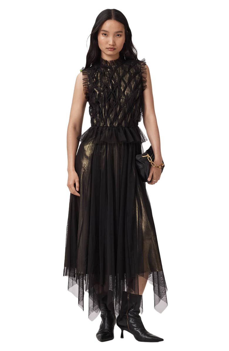 AllSaints Lola Metallic Tulle Asymmetric Midi Dress, Alternate, color, Black/ Metallic Gold