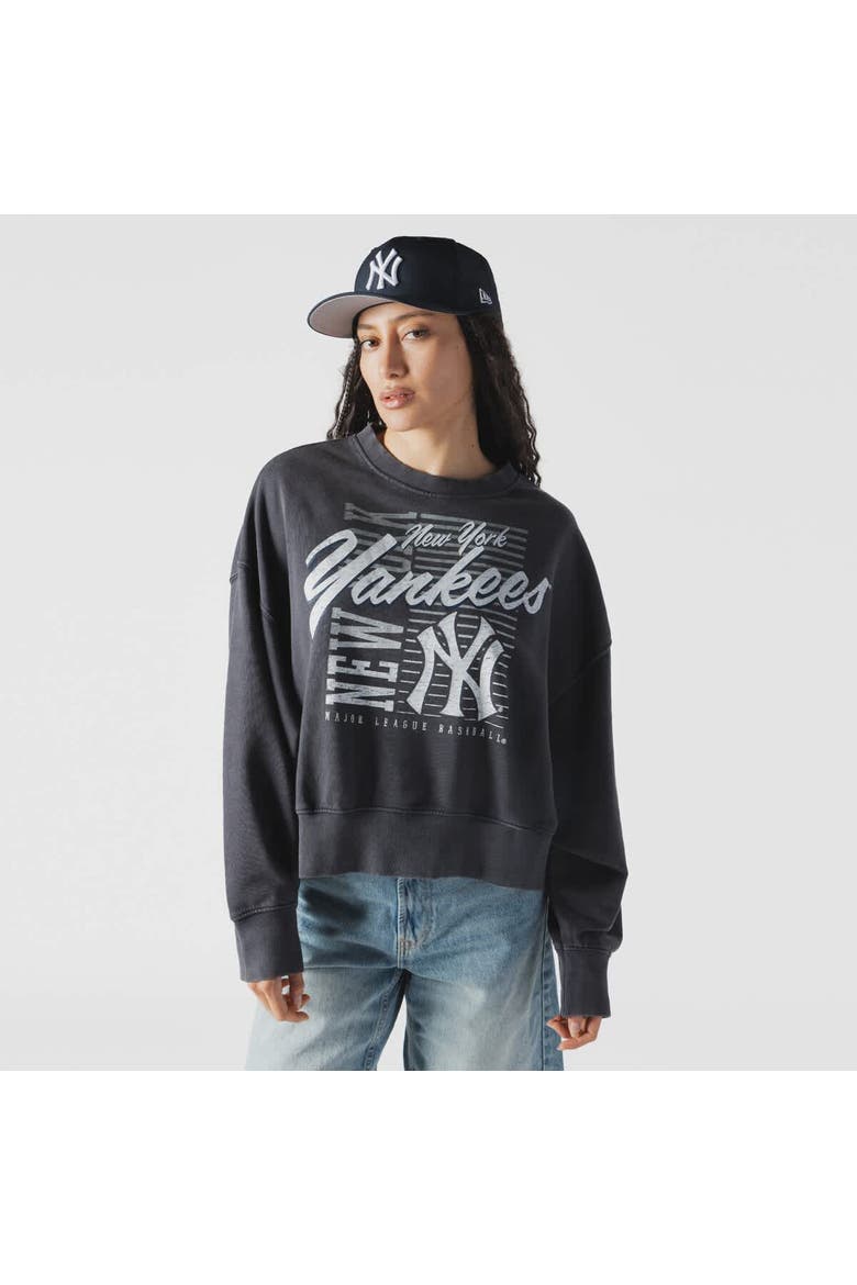 Women's New Era Navy New York Yankees Boxy Mineral Wash Dolmen Sleeve Cropped Sweatshirt, Main, color, Charcoal