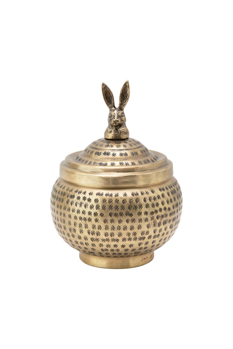 Round Hammered Metal Container with Rabbit Finial, Brass Finish, Main, color, Brass