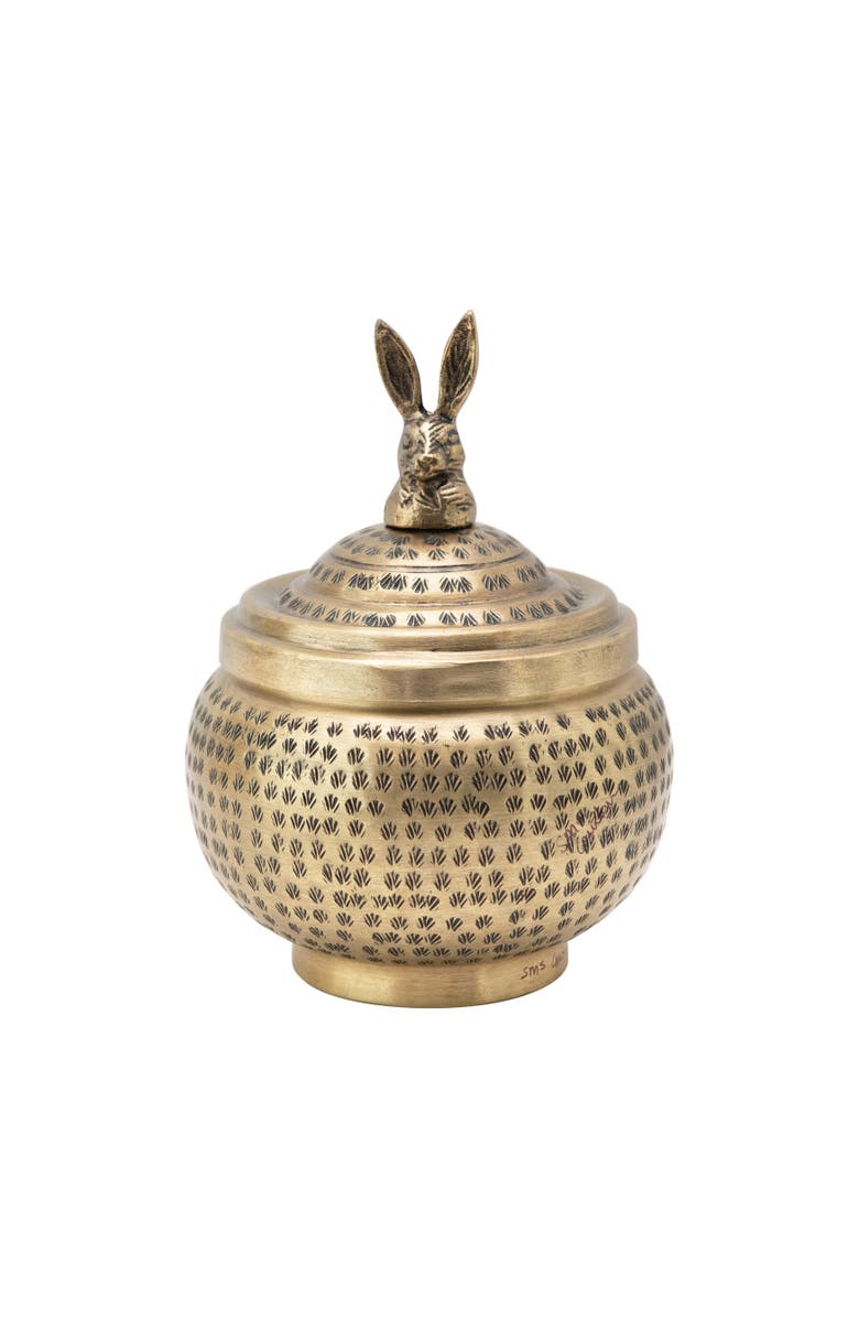 Storied Home Round Hammered Metal Container with Rabbit Finial, Brass Finish, Main, color, 