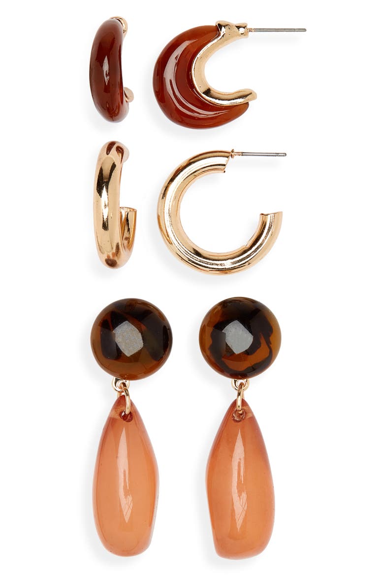 Set of 3 Resin & Metal Earrings, Main, color, TAUPE- GOLD