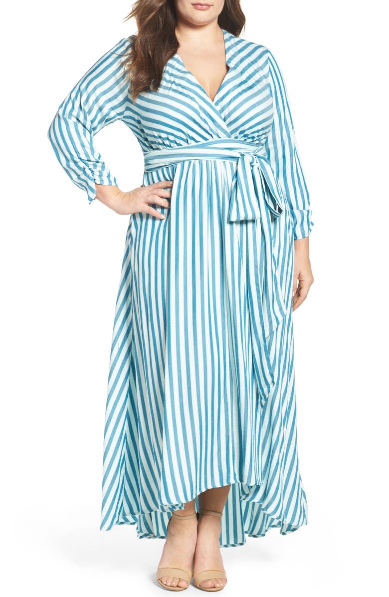 Melissa McCarthy Seven7 Stripe Twill Wrap Maxi Dress, Main, color,