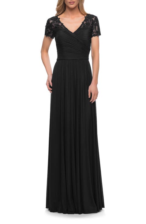Jersey Long Evening Dress with Short Lace Sleeves