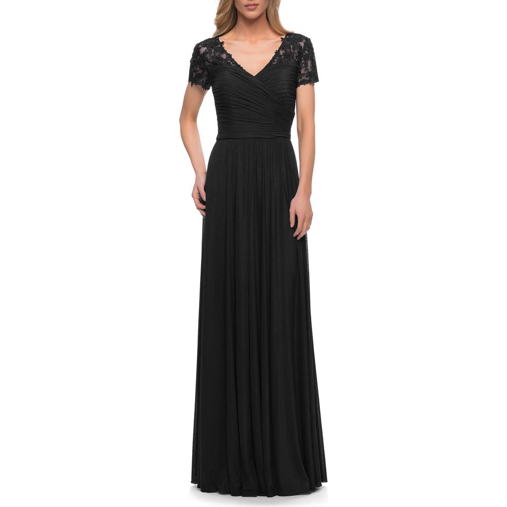 La Femme Jersey Long Evening Dress With Short Lace Sleeves In Black