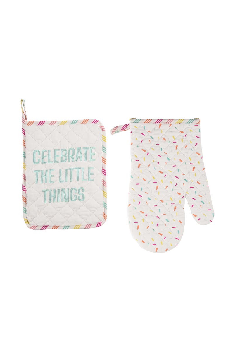 Totalee Gift Celebrate Pot Holder & Oven Mitt Set of 2 Cotton White, Main, color, White