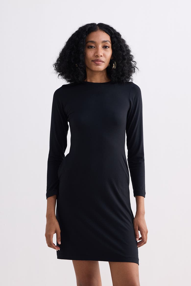 Long Sleeves Fitted Short Dress in Black, Alternate, color, Black