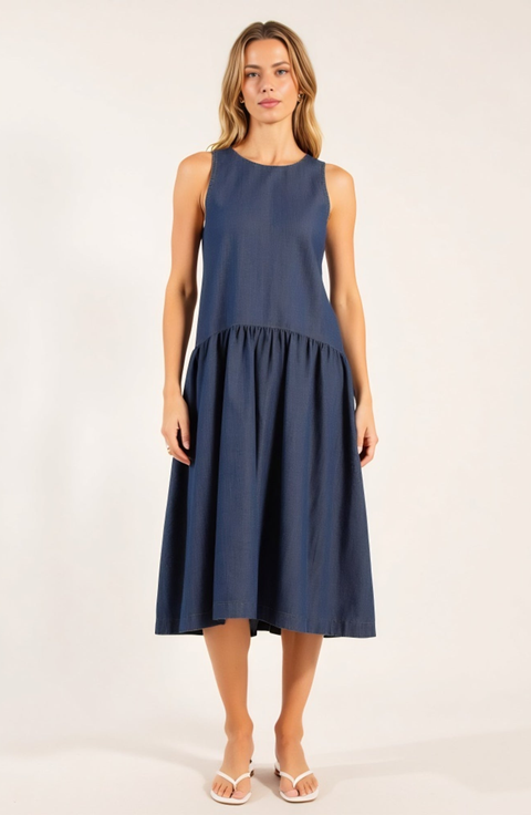 Sleeveless Drop-Waist Gathered Relaxed-Fit Midi Dress